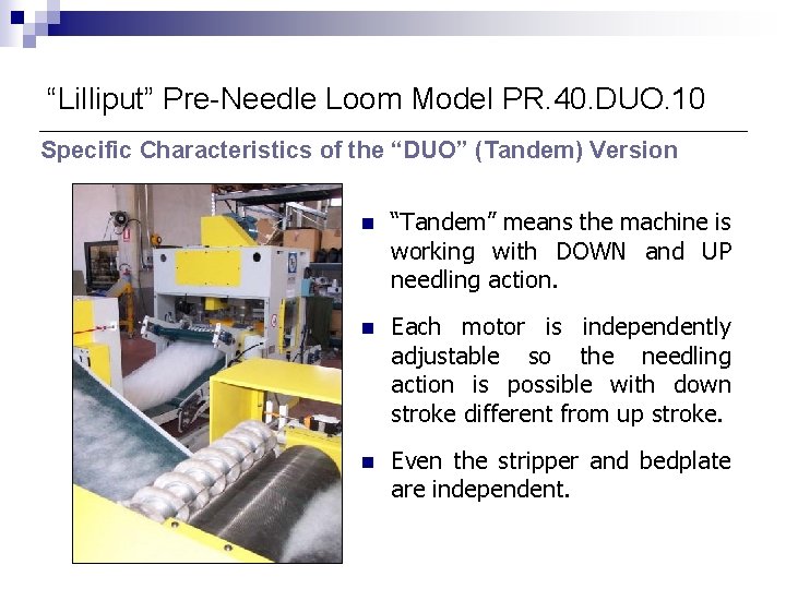 “Lilliput” Pre-Needle Loom Model PR. 40. DUO. 10 Specific Characteristics of the “DUO” (Tandem)