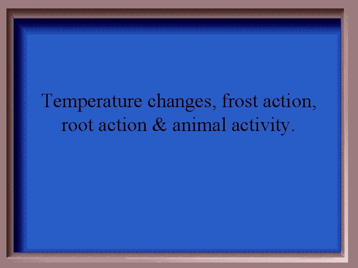 Temperature changes, frost action, root action & animal activity. 