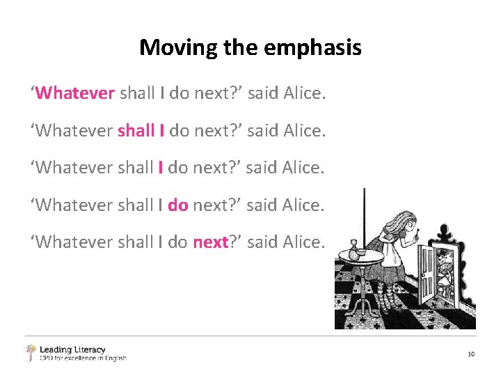 Moving the emphasis ‘Whatever shall I do next? ’ said Alice. 10 
