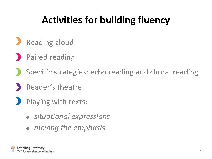 Activities for building fluency Reading aloud Paired reading Specific strategies: echo reading and choral