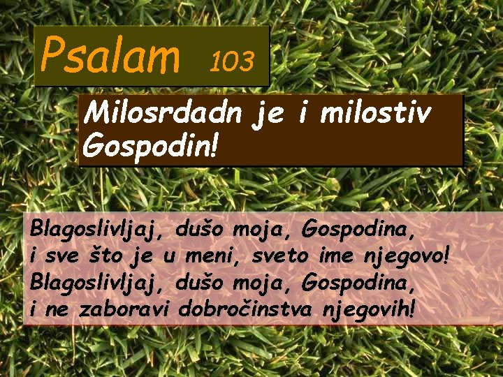 Psalam 103 Milosrdadn je i milostiv Gospodin! Blagoslivljaj, dušo moja, Gospodina, i sve što Psalam 103 Milosrdadn je i milostiv Gospodin! Blagoslivljaj, dušo moja, Gospodina, i sve što