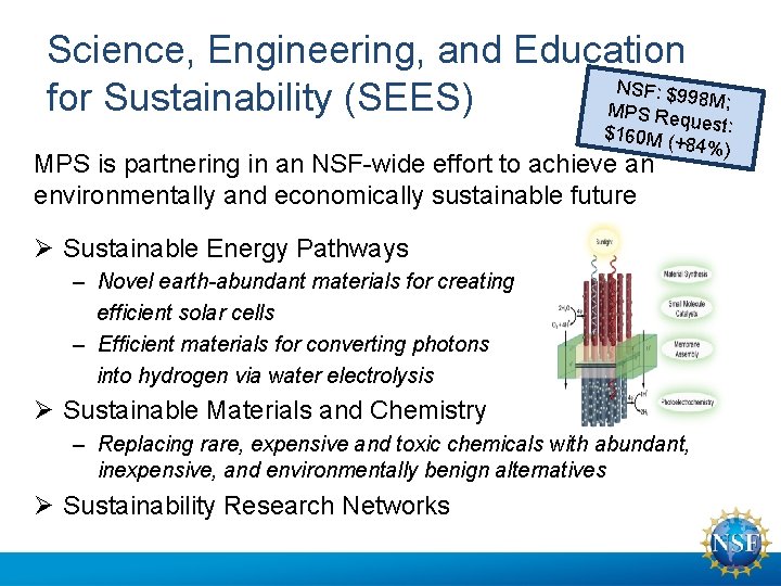 Science, Engineering, and Education NSF: $9 98 for Sustainability (SEES) MPS Re M; que