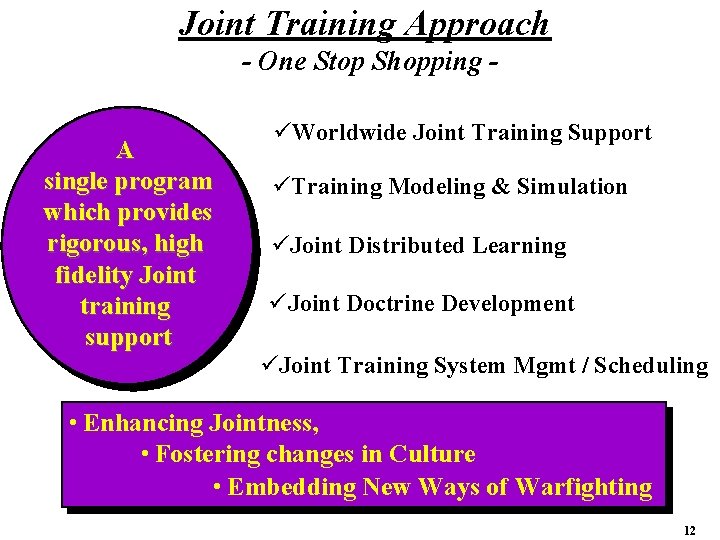 Joint Training Approach - One Stop Shopping A single program which provides rigorous, high