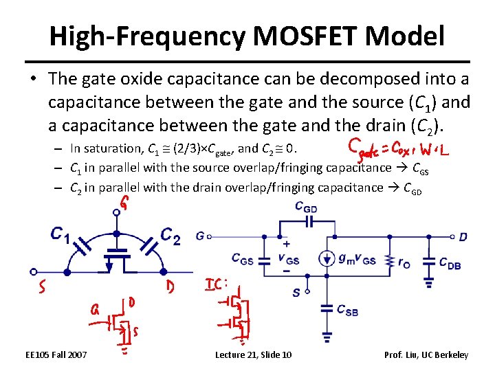 High-Frequency MOSFET Model • The gate oxide capacitance can be decomposed into a capacitance