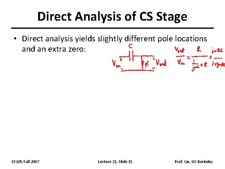 Direct Analysis of CS Stage • Direct analysis yields slightly different pole locations and