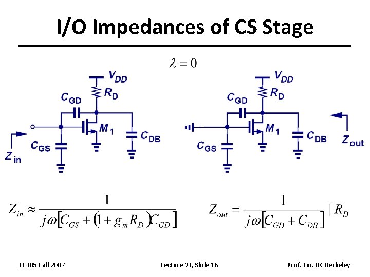 I/O Impedances of CS Stage EE 105 Fall 2007 Lecture 21, Slide 16 Prof.