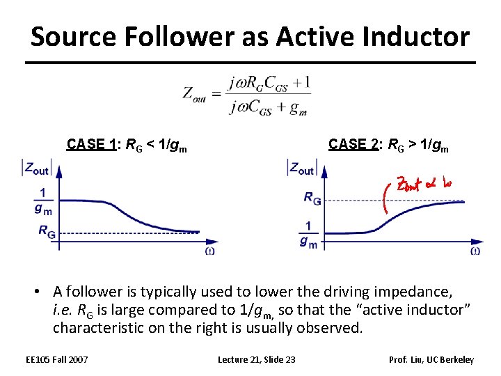 Source Follower as Active Inductor CASE 1: RG < 1/gm CASE 2: RG >