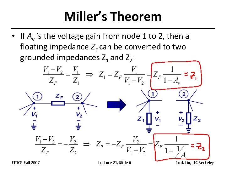 Miller’s Theorem • If Av is the voltage gain from node 1 to 2,