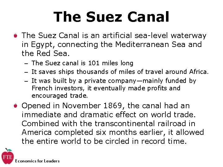 The Suez Canal is an artificial sea-level waterway in Egypt, connecting the Mediterranean Sea
