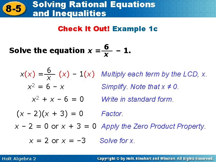 8 -5 Solving Rational Equations and Inequalities Check It Out! Example 1 c Solve