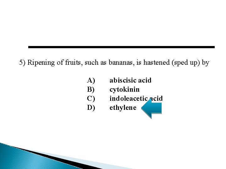 5) Ripening of fruits, such as bananas, is hastened (sped up) by A) B)