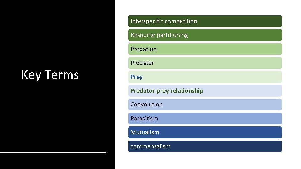 Interspecific competition Resource partitioning Predation Key Terms Predator Prey Predator-prey relationship Coevolution Parasitism Mutualism Interspecific competition Resource partitioning Predation Key Terms Predator Prey Predator-prey relationship Coevolution Parasitism Mutualism