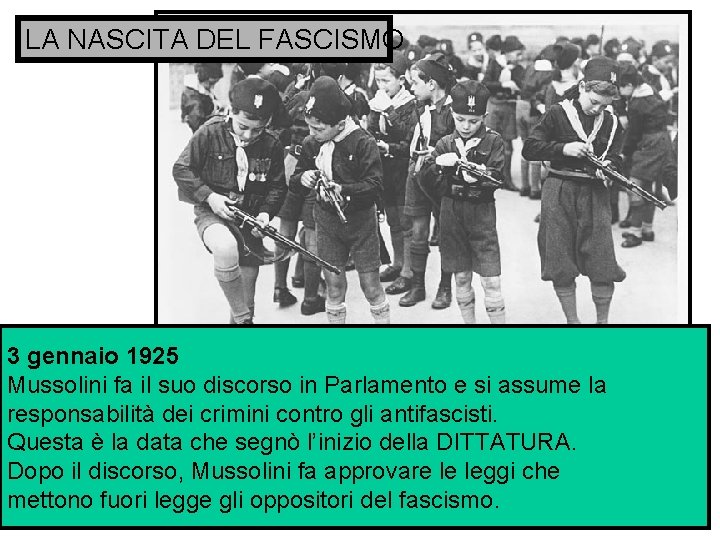 LA NASCITA DEL FASCISMO 3 gennaio 1925 Mussolini fa il suo discorso in Parlamento