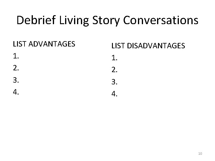 Debrief Living Story Conversations LIST ADVANTAGES 1. 2. 3. 4. LIST DISADVANTAGES 1. 2.