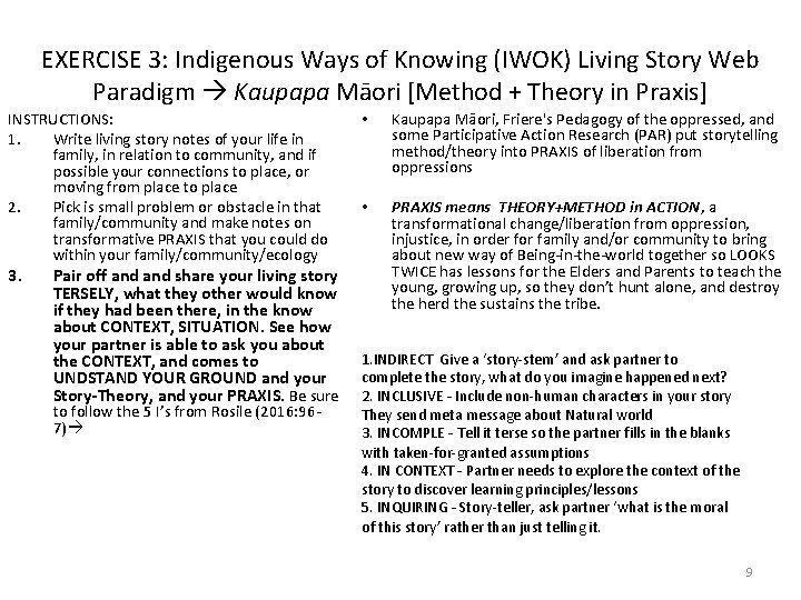 EXERCISE 3: Indigenous Ways of Knowing (IWOK) Living Story Web Paradigm Kaupapa Māori [Method