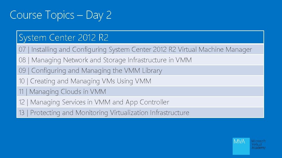 Course Topics – Day 2 System Center 2012 R 2 07 | Installing and