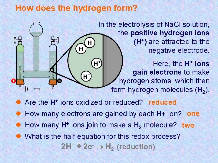How does the hydrogen form? In the electrolysis of Na. Cl solution, the positive