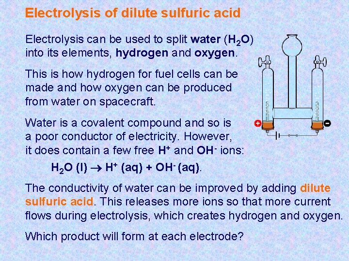 Electrolysis of dilute sulfuric acid Electrolysis can be used to split water (H 2