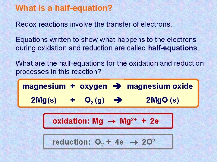 What is a half-equation? Redox reactions involve the transfer of electrons. Equations written to