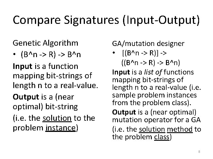 Compare Signatures (Input-Output) Genetic Algorithm • (B^n -> R) -> B^n Input is a