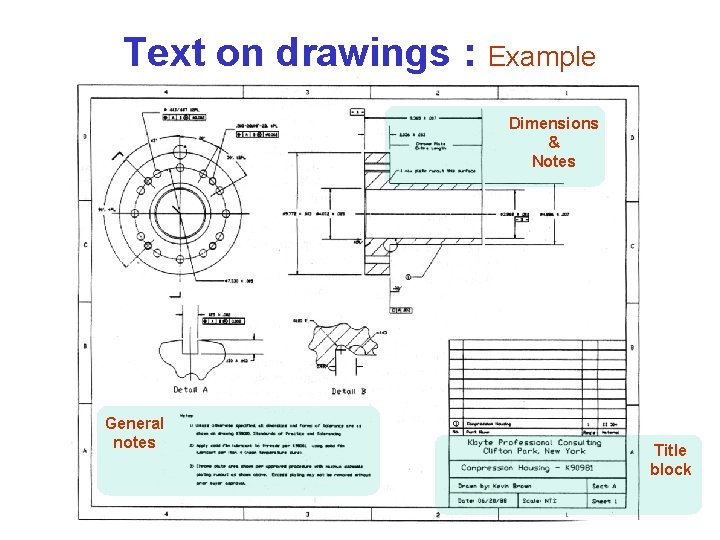 Text on drawings : Example Dimensions & Notes General notes Title block 