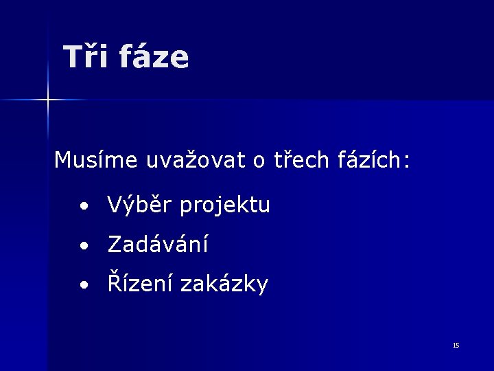 Tři fáze Musíme uvažovat o třech fázích: • Výběr projektu • Zadávání • Řízení