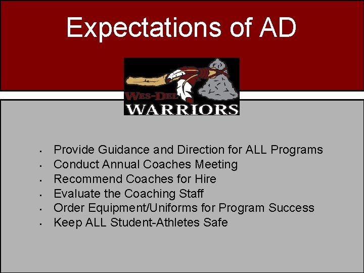 Expectations of AD • • • Provide Guidance and Direction for ALL Programs Conduct