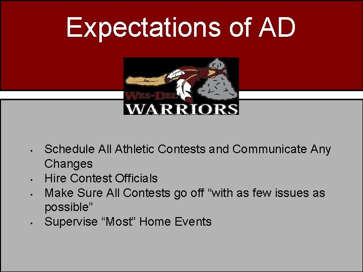 Expectations of AD • • Schedule All Athletic Contests and Communicate Any Changes Hire