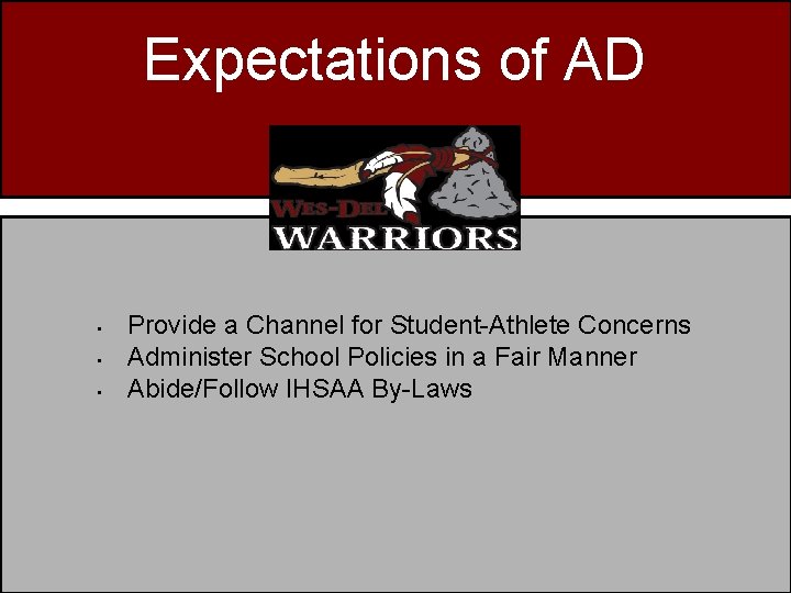 Expectations of AD • • • Provide a Channel for Student-Athlete Concerns Administer School