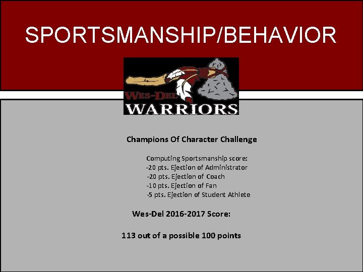 SPORTSMANSHIP/BEHAVIOR Champions Of Character Challenge Computing Sportsmanship score: -20 pts. Ejection of Administrator -20