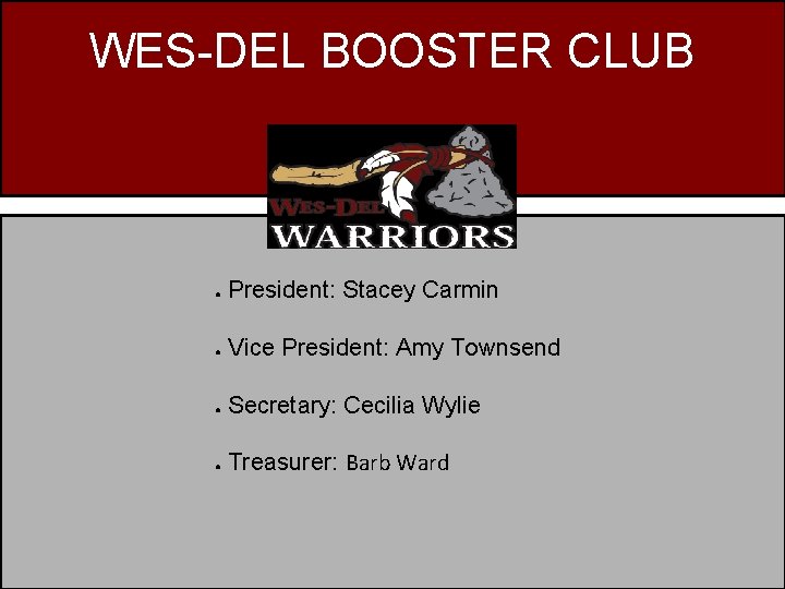 WES-DEL BOOSTER CLUB ● President: Stacey Carmin ● Vice President: Amy Townsend ● Secretary: