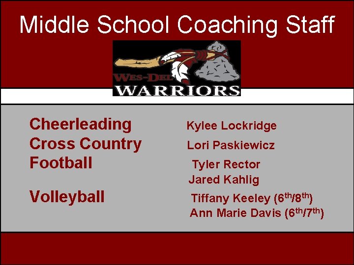 Middle School Coaching Staff Cheerleading Cross Country Football Volleyball Kylee Lockridge Lori Paskiewicz Tyler