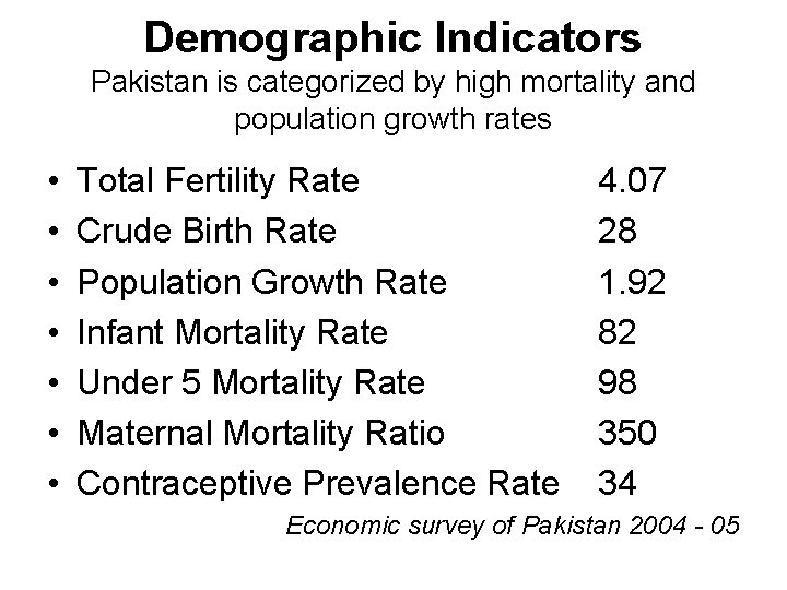 Demographic Indicators Pakistan is categorized by high mortality and population growth rates • •