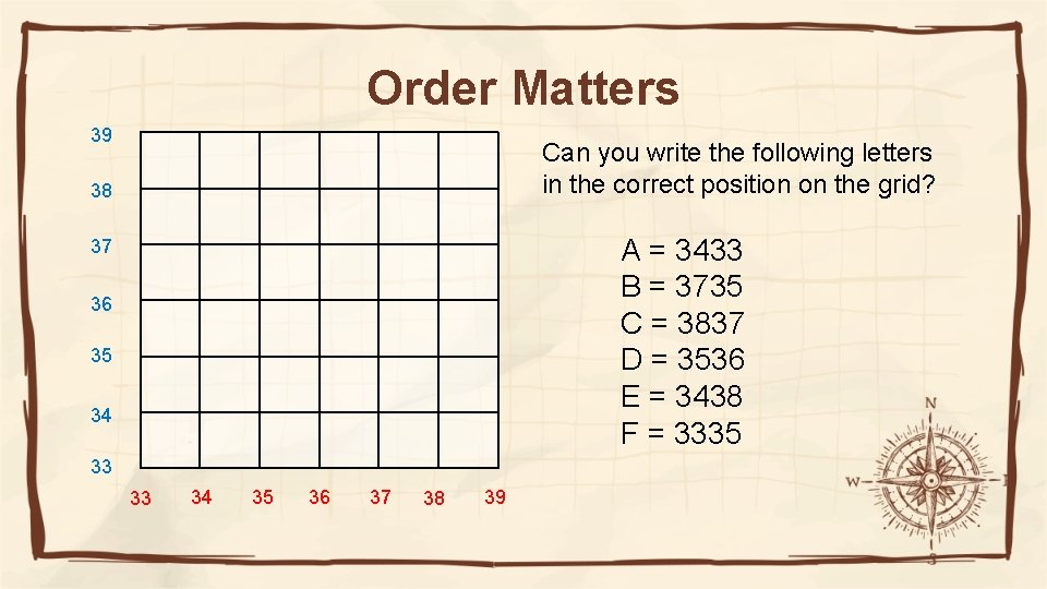 Order Matters 39 Can you write the following letters in the correct position on