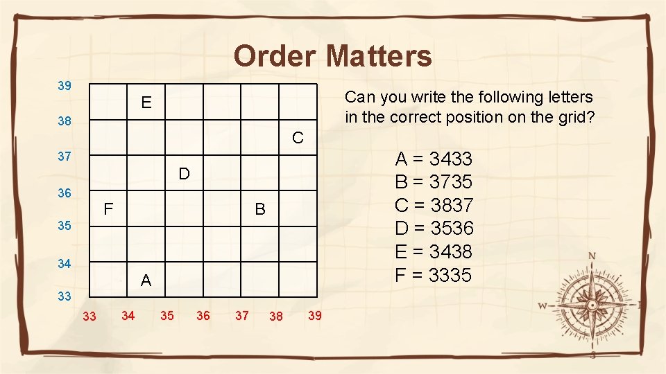 Order Matters 39 Can you write the following letters in the correct position on