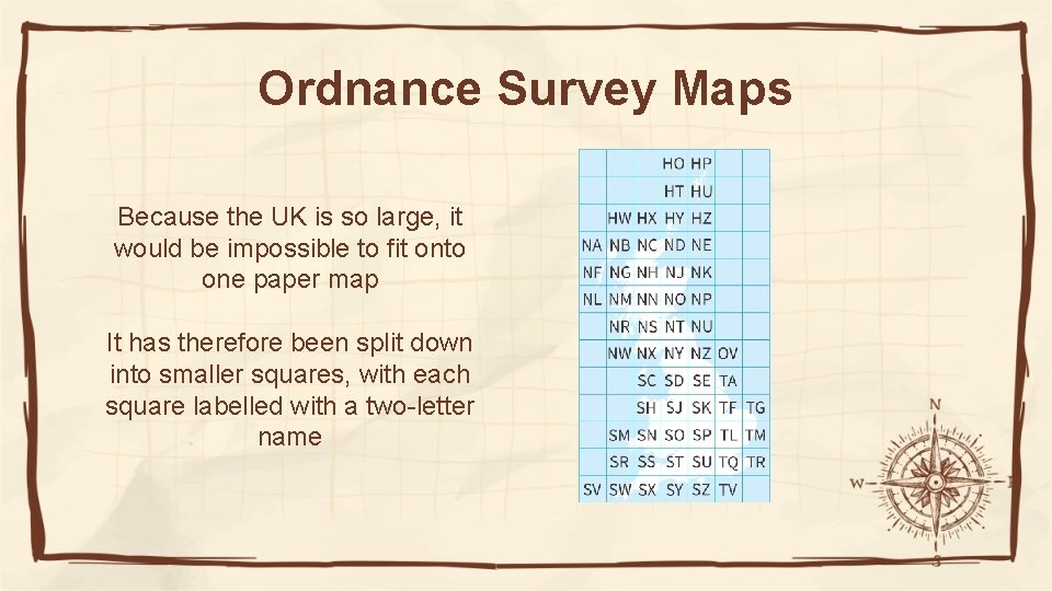 Ordnance Survey Maps Because the UK is so large, it would be impossible to