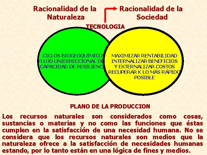 Racionalidad de la Naturaleza Racionalidad de la Sociedad TECNOLOGIA CICLOS BIOGEOQUÍMICOS MAXIMIZAR RENTABILIDAD FLUJO