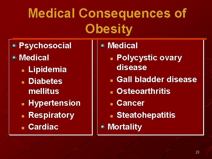 Medical Consequences of Obesity Psychosocial Medical n Lipidemia n Diabetes mellitus n Hypertension n