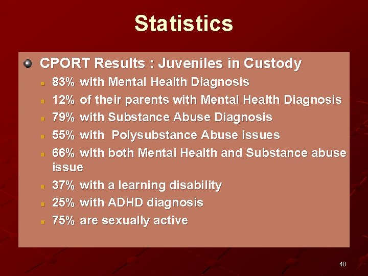 Statistics CPORT Results : Juveniles in Custody n n n n 83% with Mental