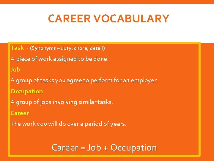 CAREER VOCABULARY Task - (Synonyms – duty, chore, detail) A piece of work assigned