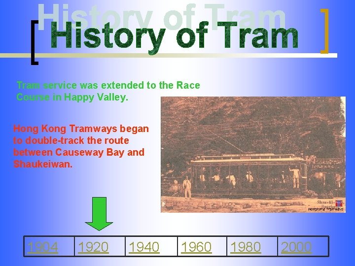 Tram service was extended to the Race Course in Happy Valley. Hong Kong Tramways