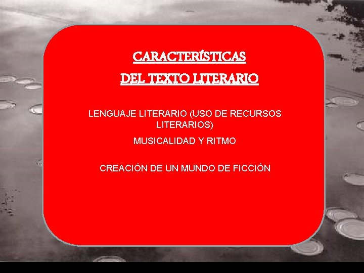 CARACTERÍSTICAS DEL TEXTO LITERARIO LENGUAJE LITERARIO (USO DE RECURSOS LITERARIOS) MUSICALIDAD Y RITMO CREACIÓN