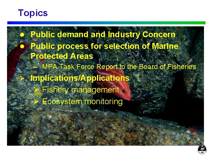 Topics Public demand Industry Concern l Public process for selection of Marine Protected Areas