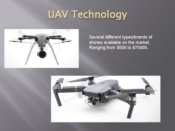 UAV Technology Several different types/brands of drones available on the market. Ranging from $500