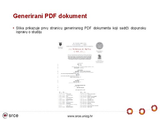 Generirani PDF dokument • Slika prikazuje prvu stranicu generiranog PDF dokumenta koji sadrži dopunsku