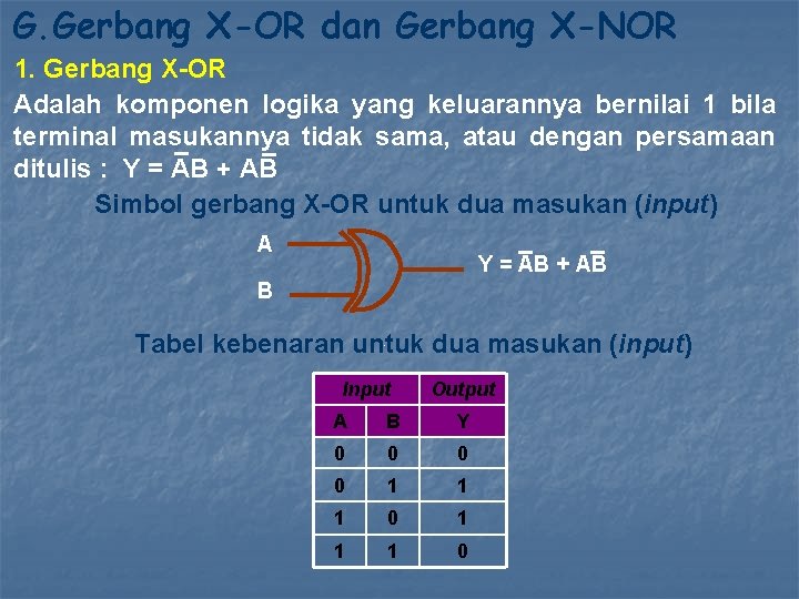 G. Gerbang X-OR dan Gerbang X-NOR 1. Gerbang X-OR Adalah komponen logika yang keluarannya
