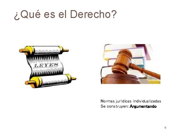 ¿Qué es el Derecho? Normas jurídicas individualizadas Se construyen: Argumentando 9 