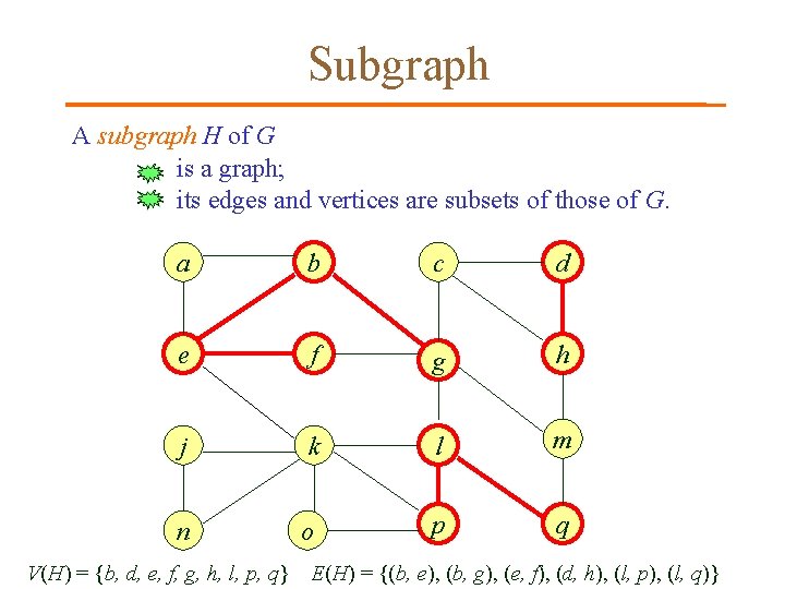 Subgraph A subgraph H of G is a graph; its edges and vertices are Subgraph A subgraph H of G is a graph; its edges and vertices are