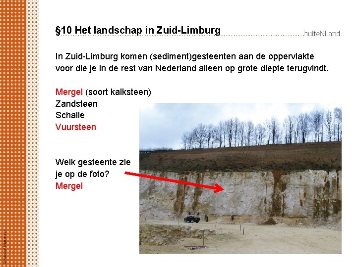 § 10 Het landschap in Zuid-Limburg In Zuid-Limburg komen (sediment)gesteenten aan de oppervlakte voor