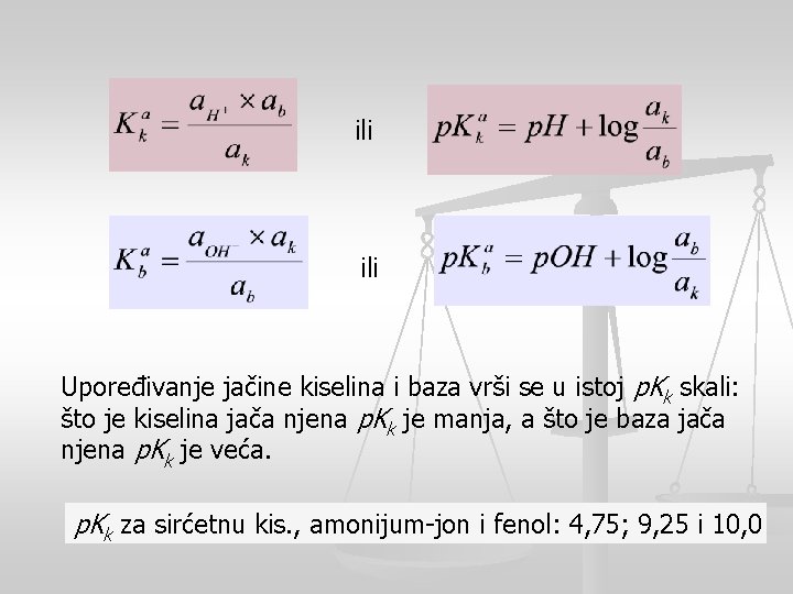 ili Upoređivanje jačine kiselina i baza vrši se u istoj p. Kk skali: što